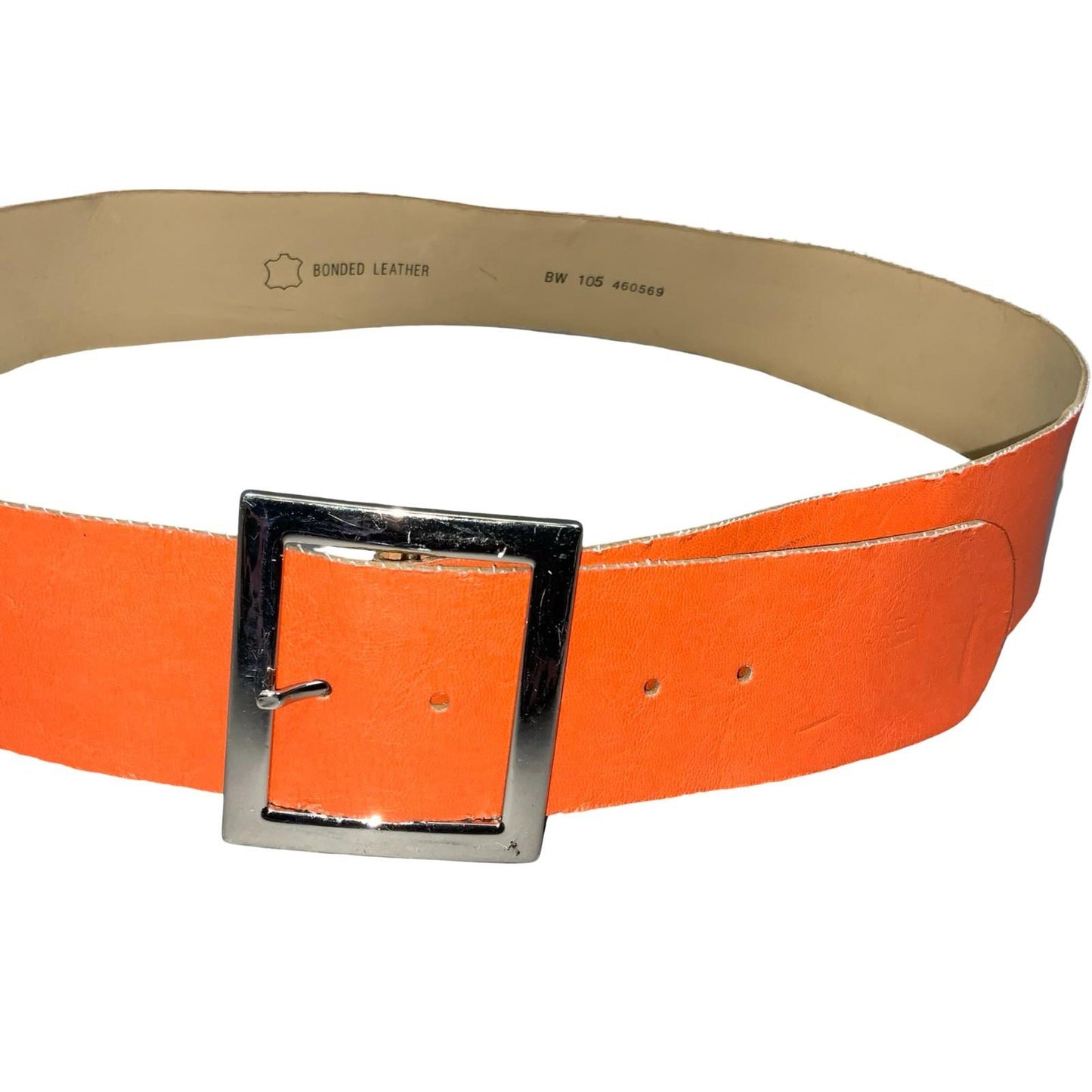 90s Orange Statement Real Leather Square Buckle Statement Belt UK 18 L/XL 40"