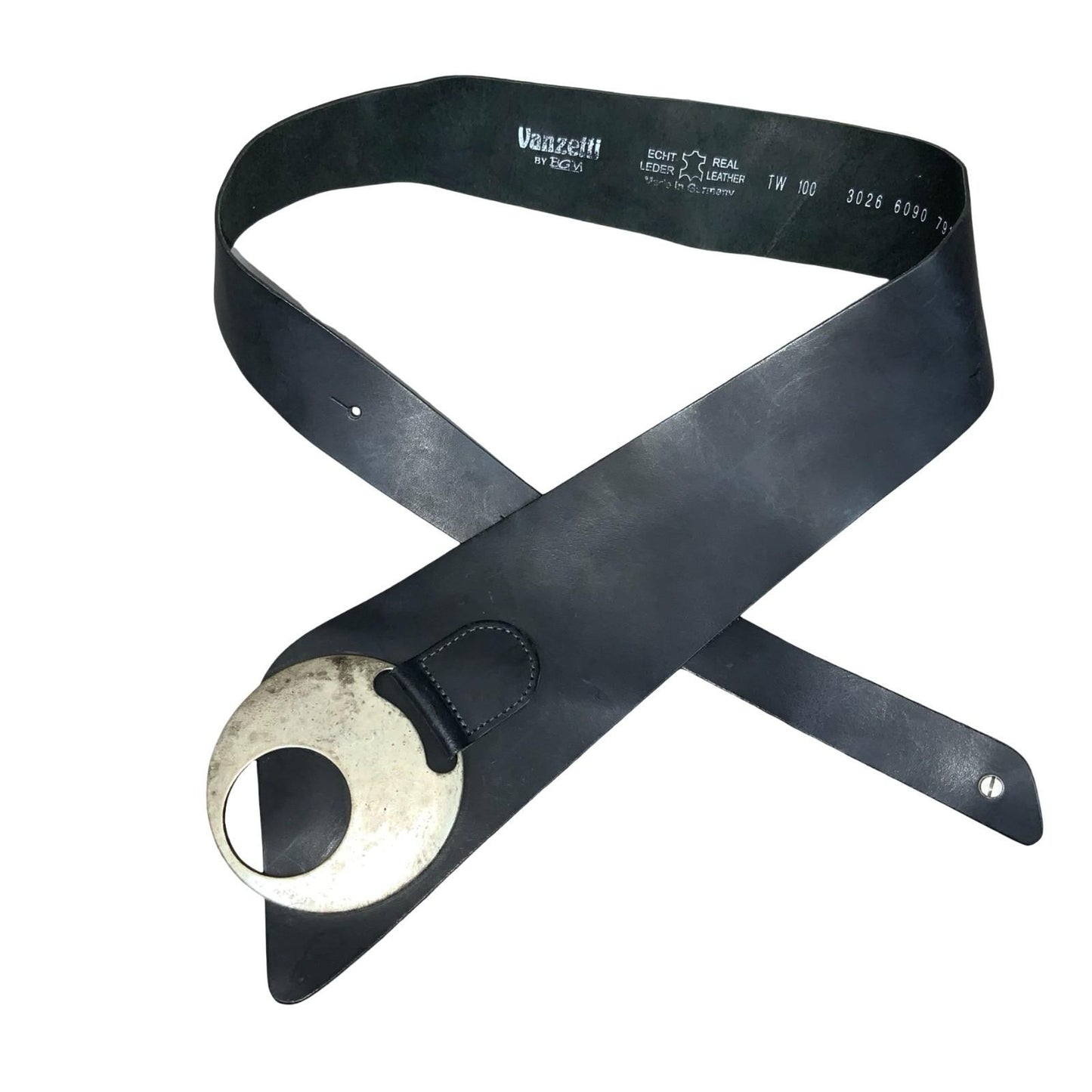 90s 'Vanzetti' by BGM Black Silver Circle Buckle Real Leather Belt Size XL