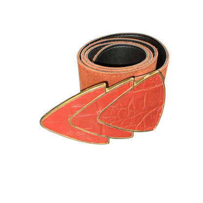 Vtg 80s Red Brown Suede Earth-Tone Rust Geometric Buckle Statement Belt Size M/L