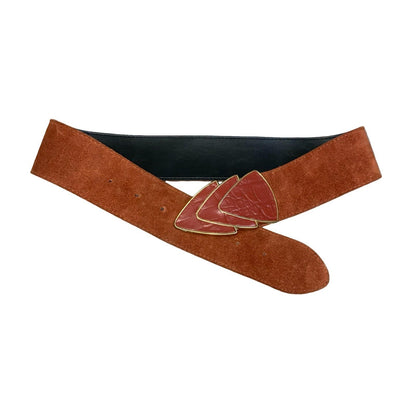 Vtg 80s Red Brown Suede Earth-Tone Rust Geometric Buckle Statement Belt Size M/L