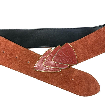 Vtg 80s Red Brown Suede Earth-Tone Rust Geometric Buckle Statement Belt Size M/L