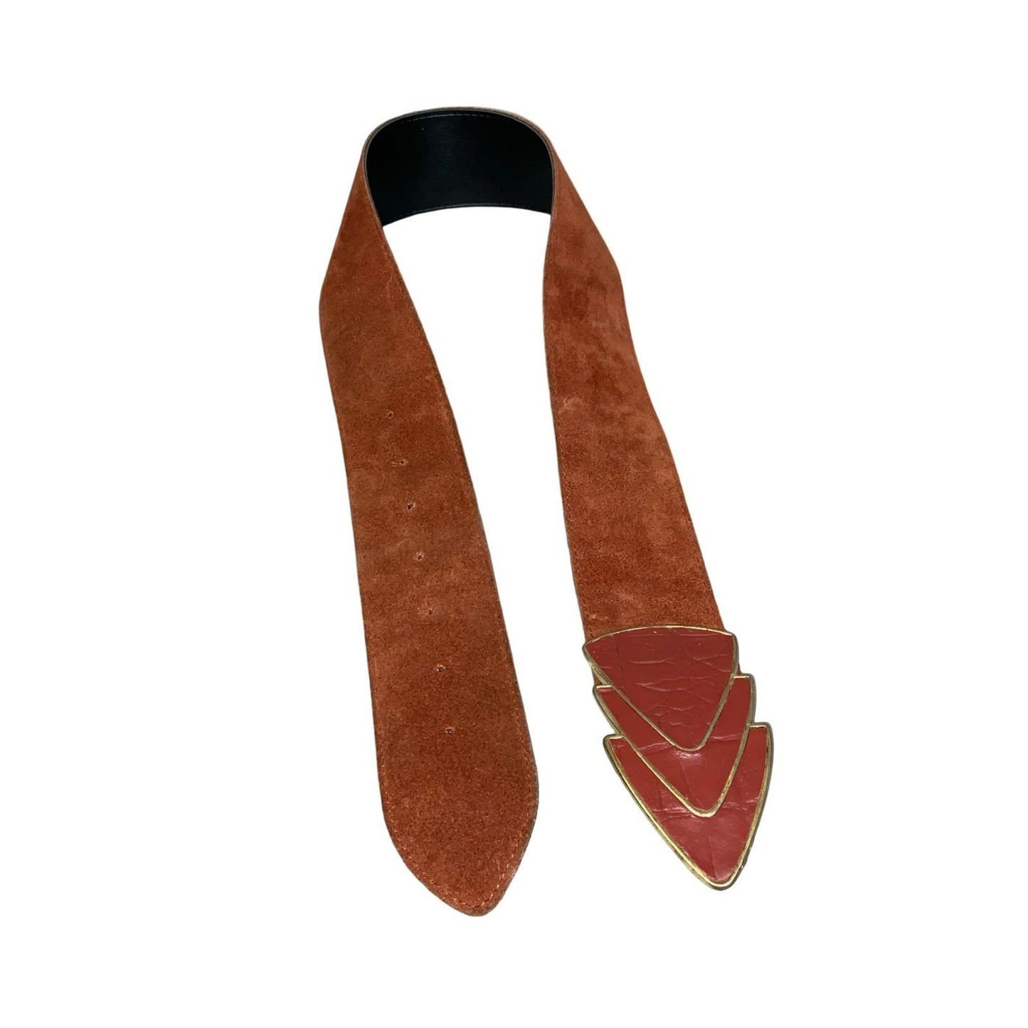 Vtg 80s Red Brown Suede Earth-Tone Rust Geometric Buckle Statement Belt Size M/L