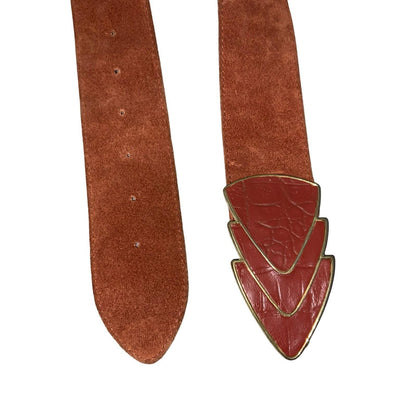 Vtg 80s Red Brown Suede Earth-Tone Rust Geometric Buckle Statement Belt Size M/L