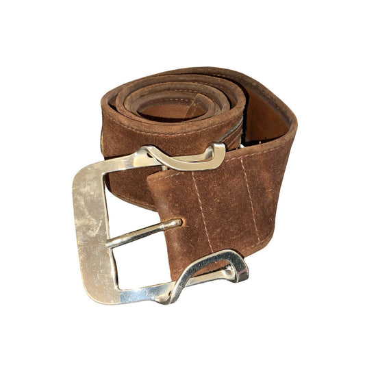 Vtg Brown Suede Silver Buckle Oval Patterned Pirate Western Waist Belt Size M/L