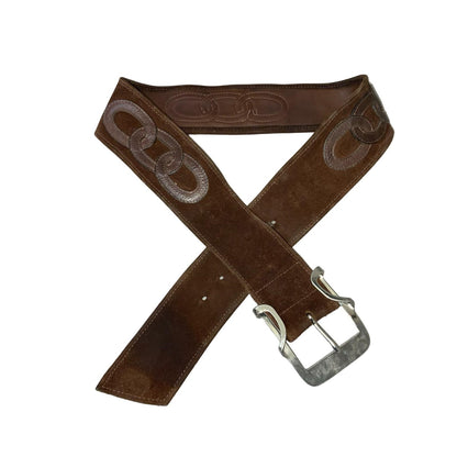 Vtg Brown Suede Silver Buckle Oval Patterned Pirate Western Waist Belt Size M/L