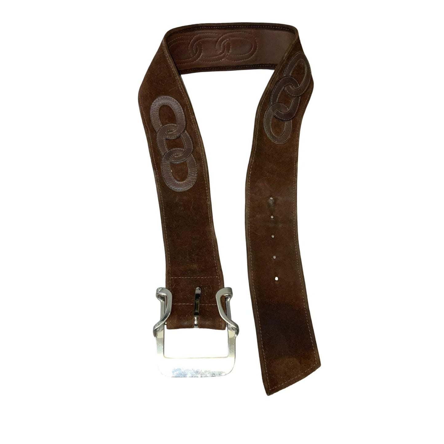 Vtg Brown Suede Silver Buckle Oval Patterned Pirate Western Waist Belt Size M/L