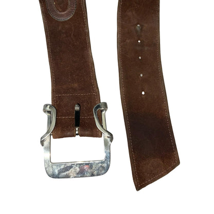 Vtg Brown Suede Silver Buckle Oval Patterned Pirate Western Waist Belt Size M/L