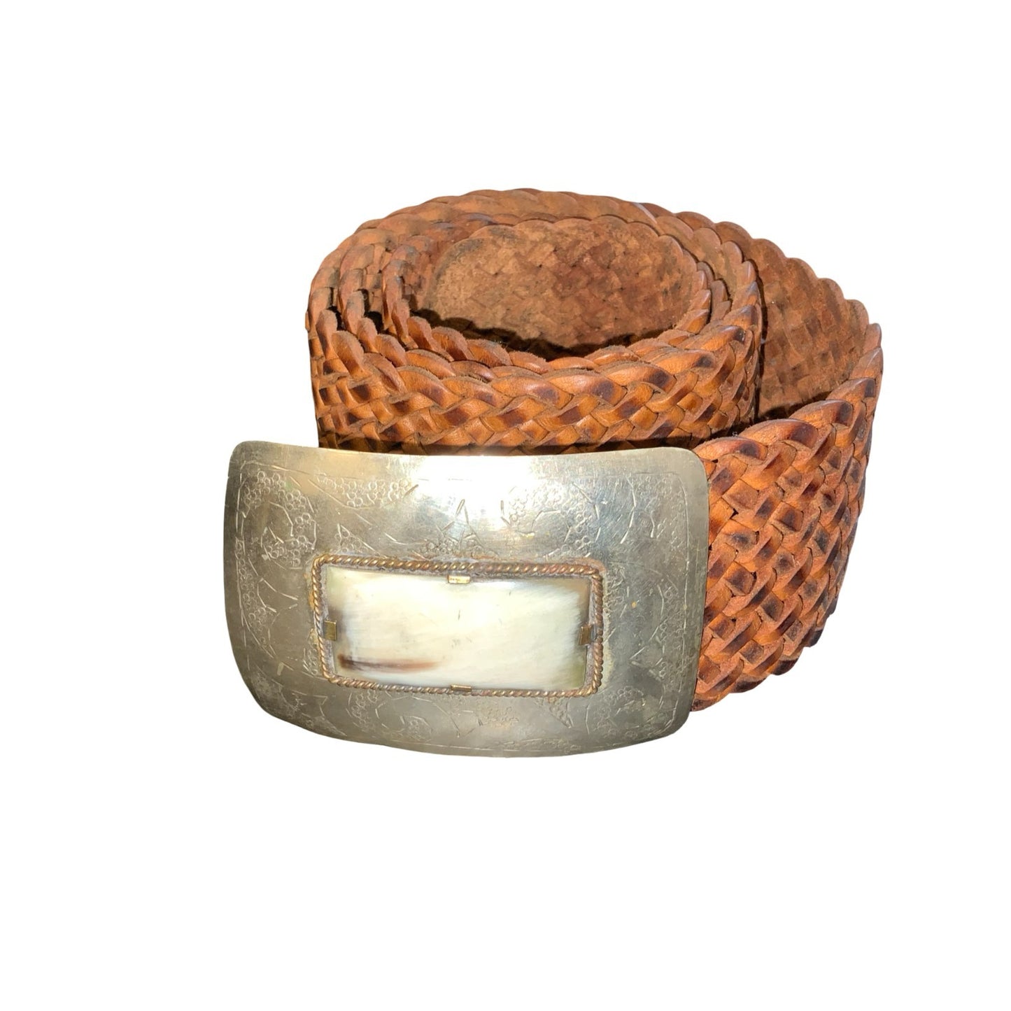 Vtg Brown Woven Leather Silver Buckle Patterned Stone Western Boho Belt ONE SIZE