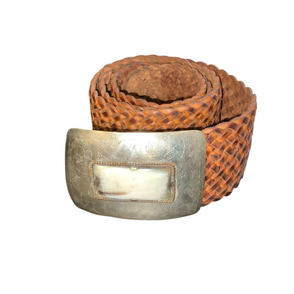 Vtg Brown Woven Leather Silver Buckle Patterned Stone Western Boho Belt ONE SIZE