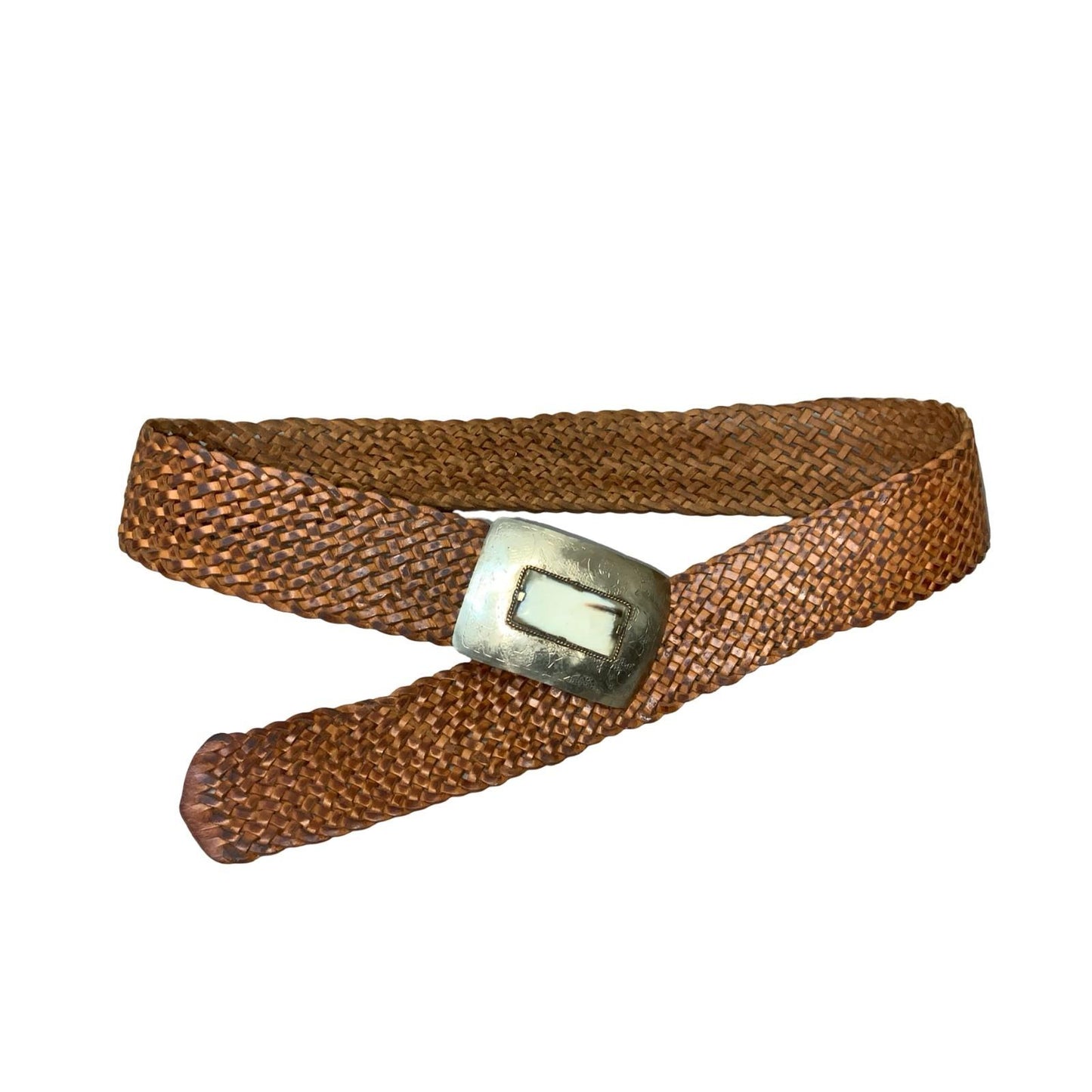 Vtg Brown Woven Leather Silver Buckle Patterned Stone Western Boho Belt ONE SIZE
