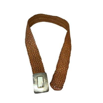 Vtg Brown Woven Leather Silver Buckle Patterned Stone Western Boho Belt ONE SIZE