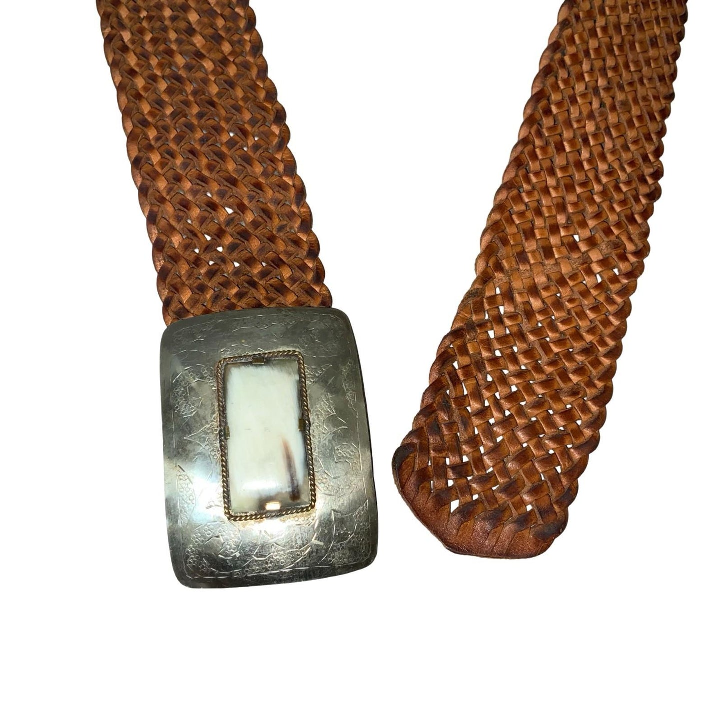 Vtg Brown Woven Leather Silver Buckle Patterned Stone Western Boho Belt ONE SIZE