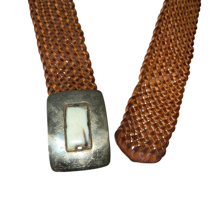 Vtg Brown Woven Leather Silver Buckle Patterned Stone Western Boho Belt ONE SIZE