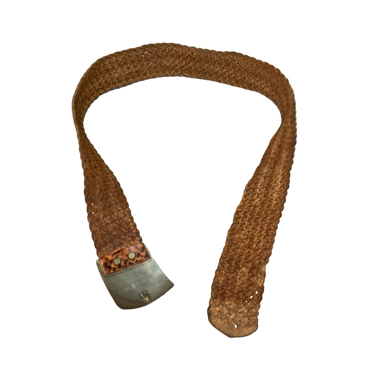 Vtg Brown Woven Leather Silver Buckle Patterned Stone Western Boho Belt ONE SIZE