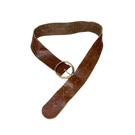 Vtg 90s Brown Leather Cut-Out Geometric Rose Gold Round Buckle Belt M UK 12/14