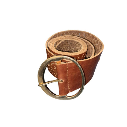 Vtg 90s Brown Leather Cut-Out Geometric Rose Gold Round Buckle Belt M UK 12/14