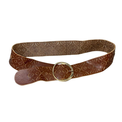 Vtg 90s Brown Leather Cut-Out Geometric Rose Gold Round Buckle Belt M UK 12/14