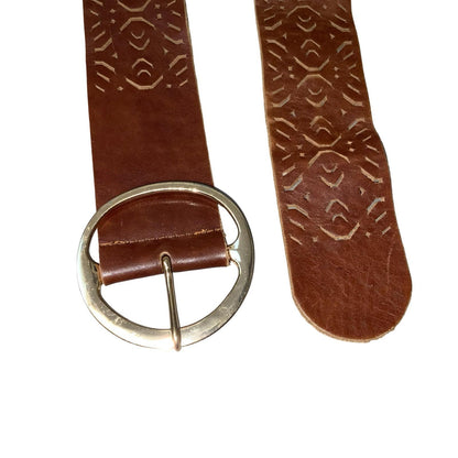 Vtg 90s Brown Leather Cut-Out Geometric Rose Gold Round Buckle Belt M UK 12/14