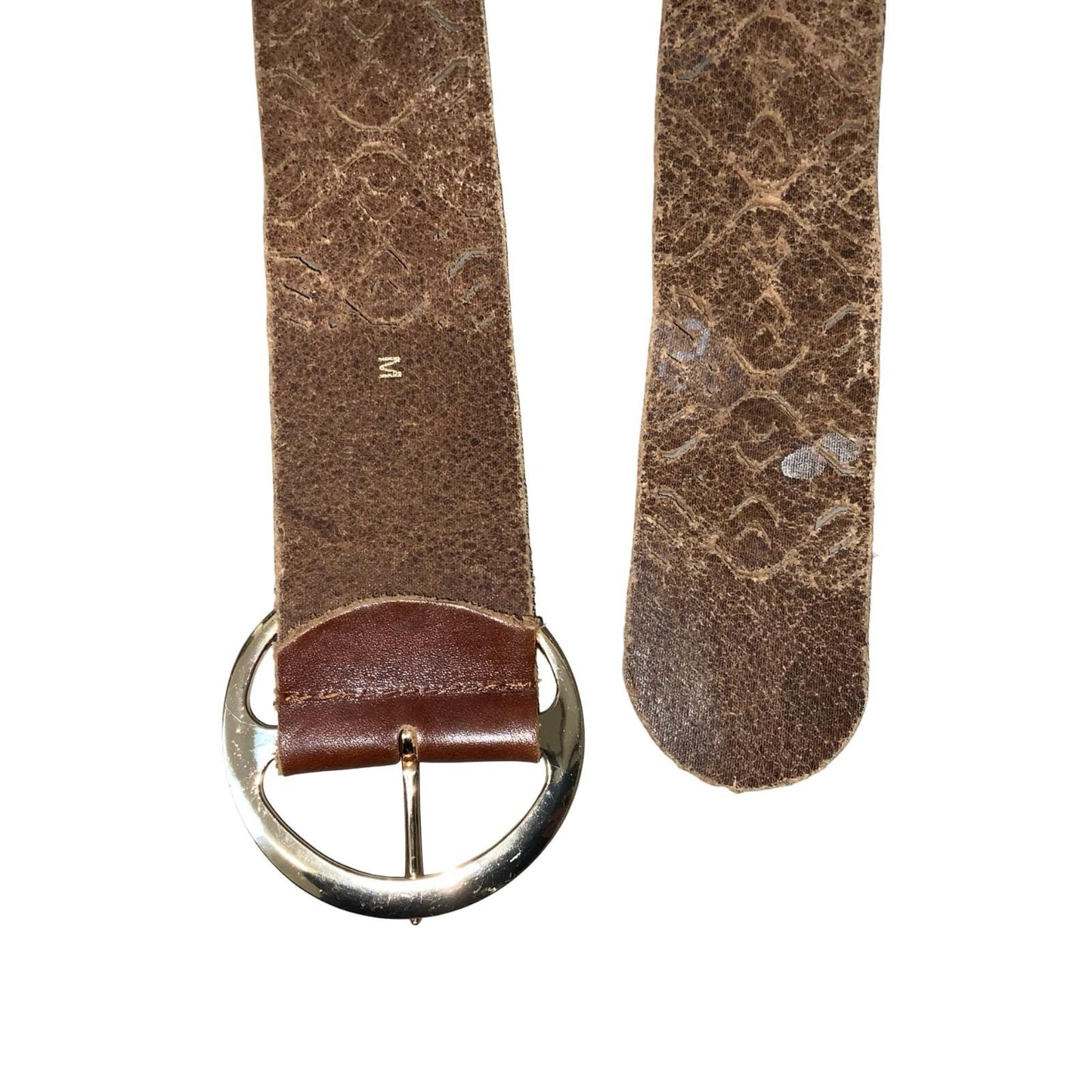 Vtg 90s Brown Leather Cut-Out Geometric Rose Gold Round Buckle Belt M UK 12/14