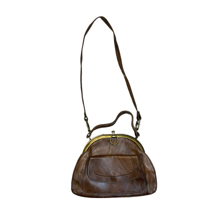 Vtg Brown Leather Kiss 'Style Lock Frame Shoulder Handbag