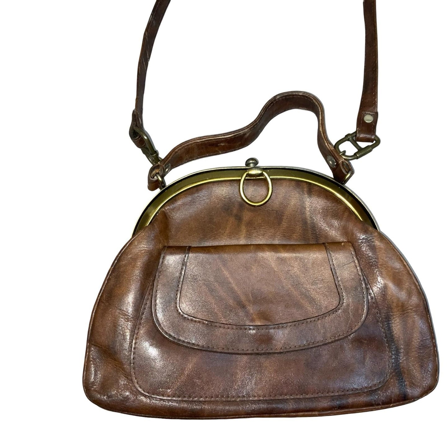 Vtg Brown Leather Kiss 'Style Lock Frame Shoulder Handbag