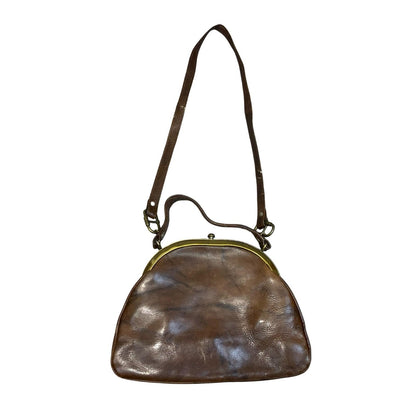 Vtg Brown Leather Kiss 'Style Lock Frame Shoulder Handbag