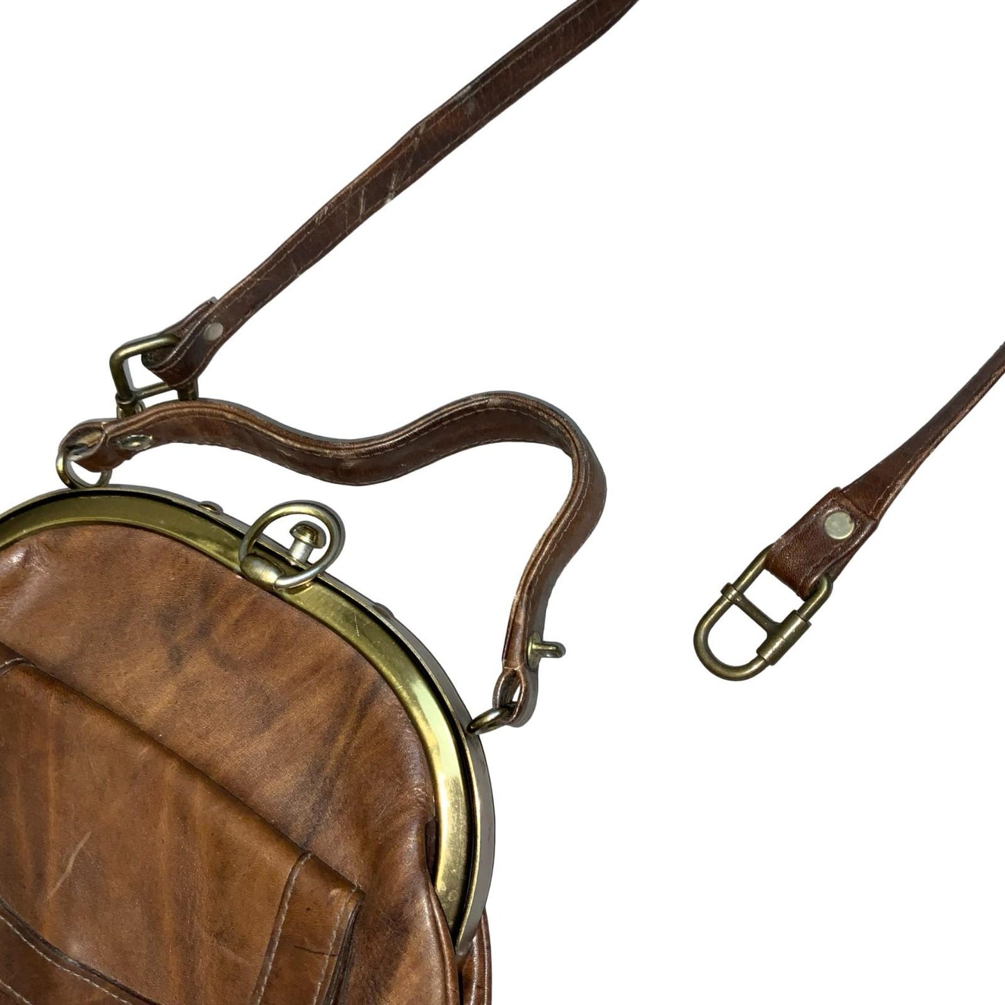 Vtg Brown Leather Kiss 'Style Lock Frame Shoulder Handbag