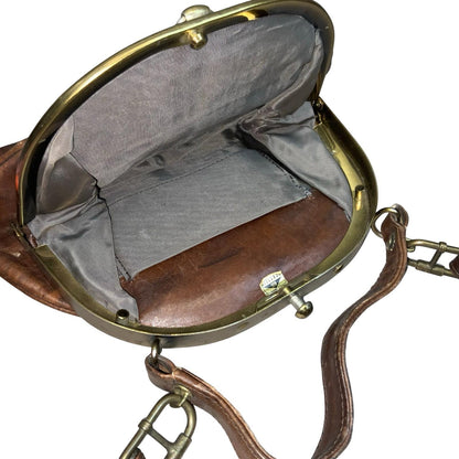 Vtg Brown Leather Kiss 'Style Lock Frame Shoulder Handbag