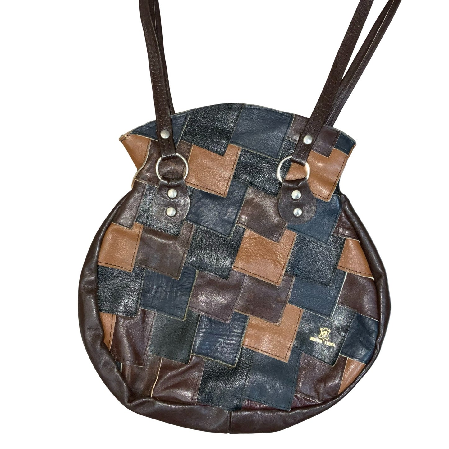 Vtg 70s 80s Black Brown Patchwork Round Boho Leather Handbag