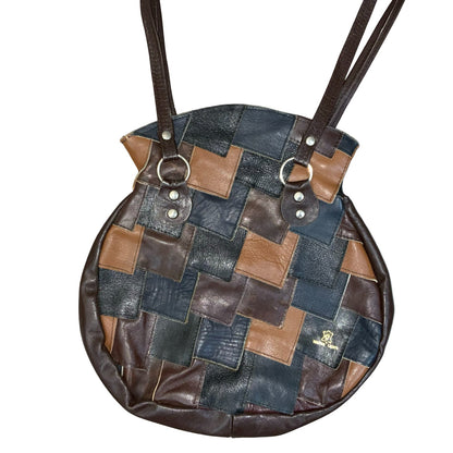 Vtg 70s 80s Black Brown Patchwork Round Boho Leather Handbag