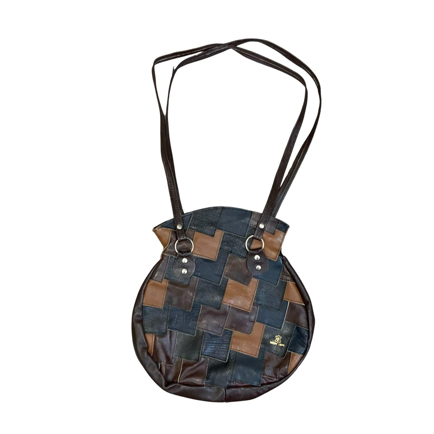 Vtg 70s 80s Black Brown Patchwork Round Boho Leather Handbag