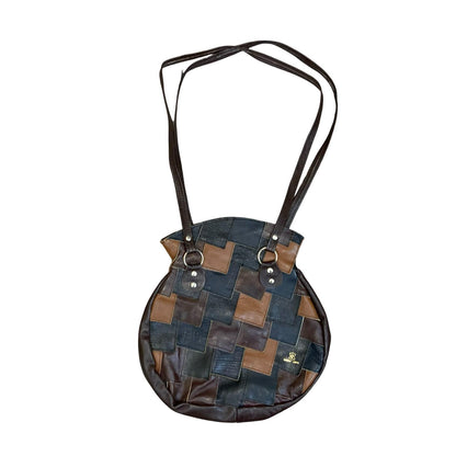 Vtg 70s 80s Black Brown Patchwork Round Boho Leather Handbag