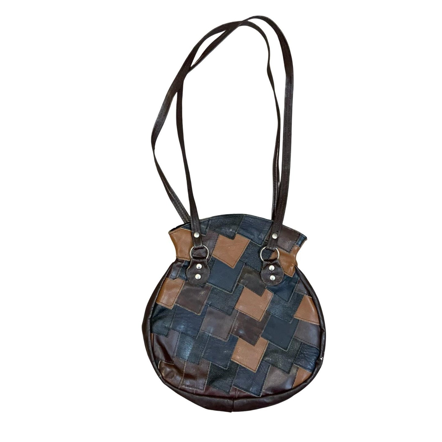 Vtg 70s 80s Black Brown Patchwork Round Boho Leather Handbag