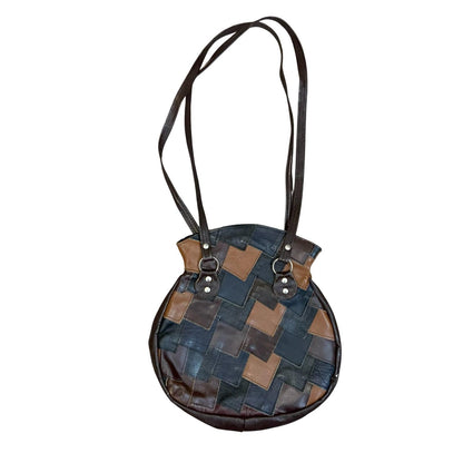 Vtg 70s 80s Black Brown Patchwork Round Boho Leather Handbag