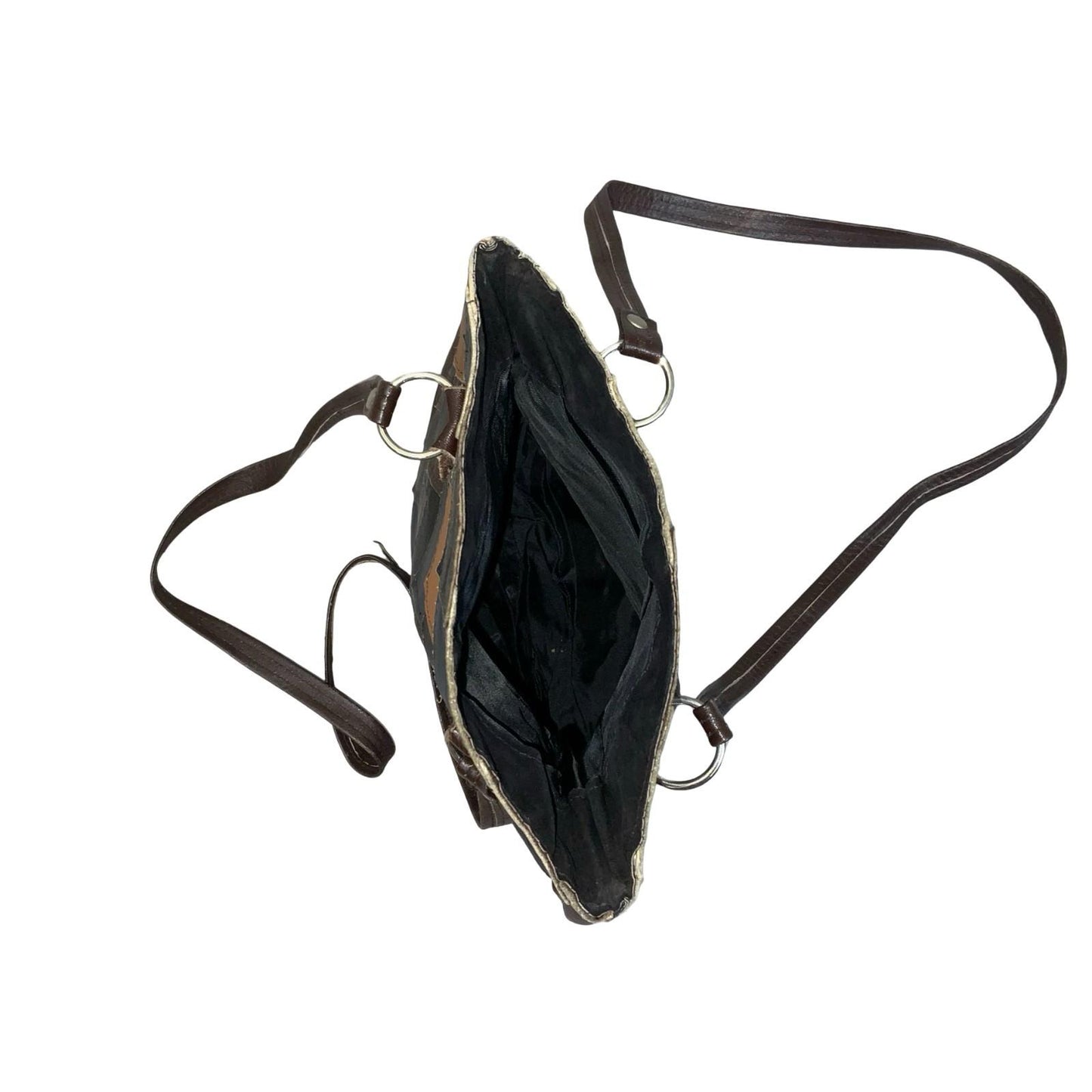 Vtg 70s 80s Black Brown Patchwork Round Boho Leather Handbag