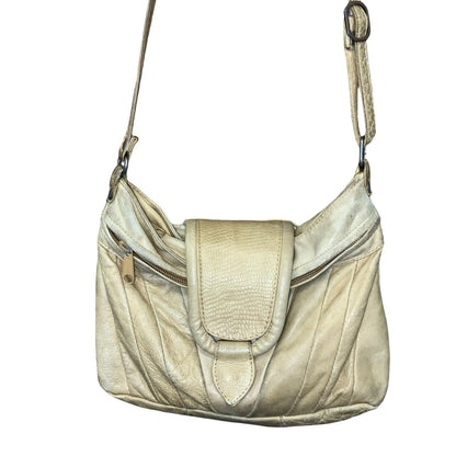 Vtg Beige Leather Patchwork Croc Embossed Casual Crossbody Hobo Handbag