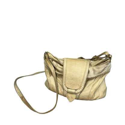 Vtg Beige Leather Patchwork Croc Embossed Casual Crossbody Hobo Handbag