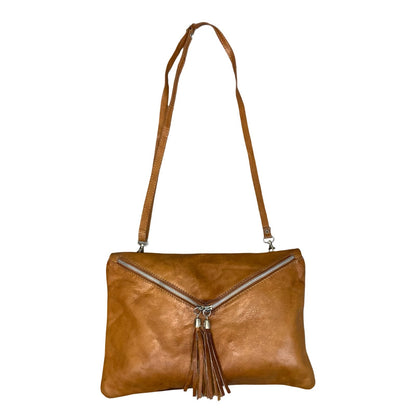 Vtg Light Brown Envelope Genuine Leather Tassel Crossbody Shoulder Clutch Bag