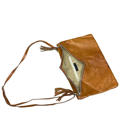 Vtg Light Brown Envelope Genuine Leather Tassel Crossbody Shoulder Clutch Bag