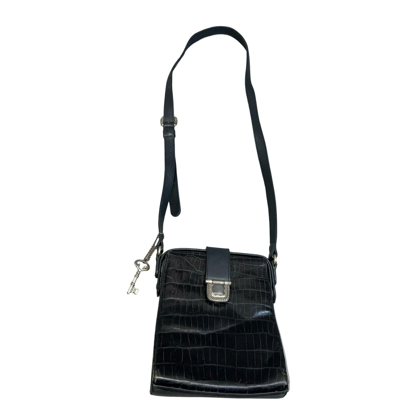 Vtg 'Fossil' Black Genuine Leather Croc Embossed Adjustable Shoulder Handbag