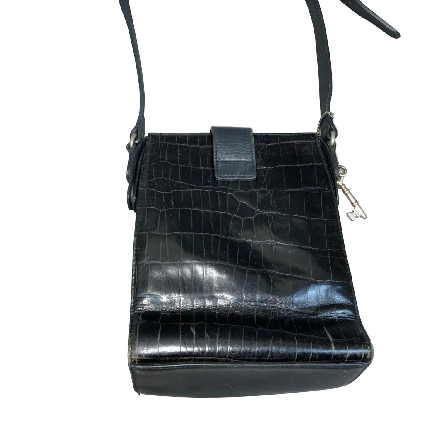 Vtg 'Fossil' Black Genuine Leather Croc Embossed Adjustable Shoulder Handbag