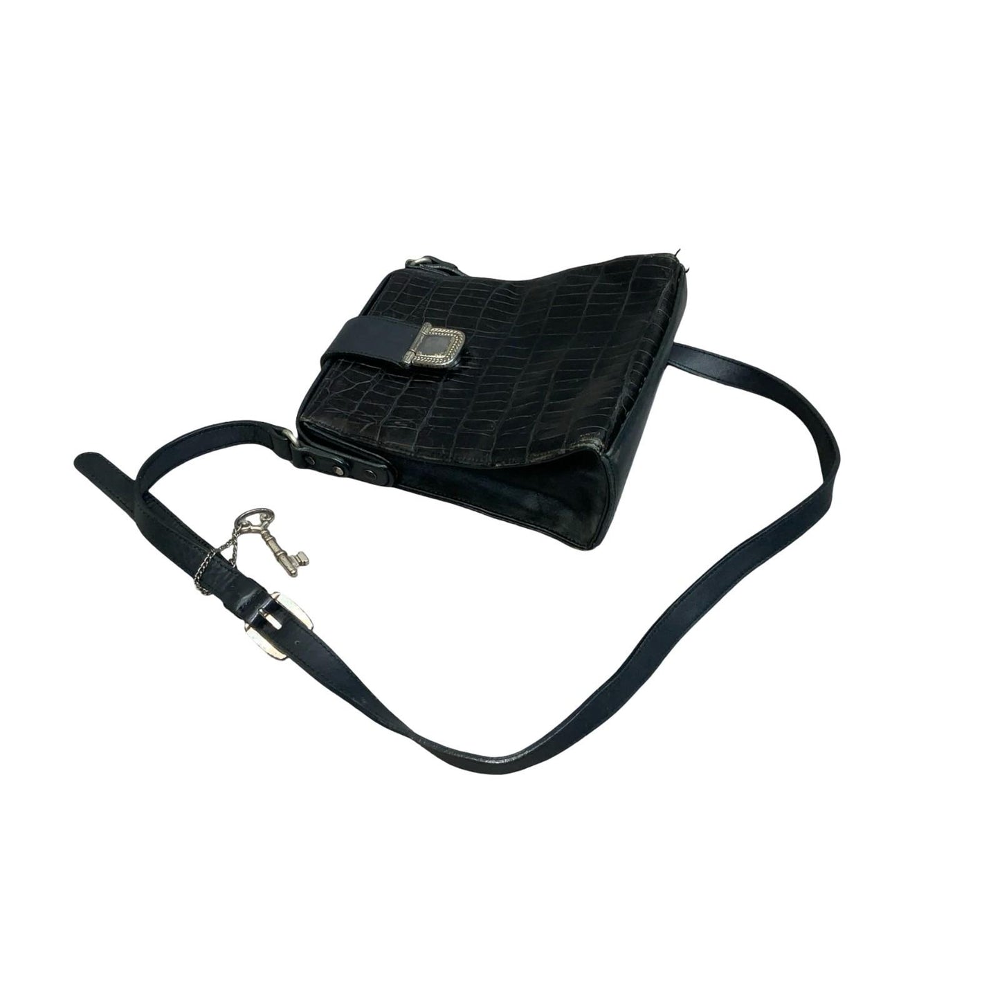 Vtg 'Fossil' Black Genuine Leather Croc Embossed Adjustable Shoulder Handbag