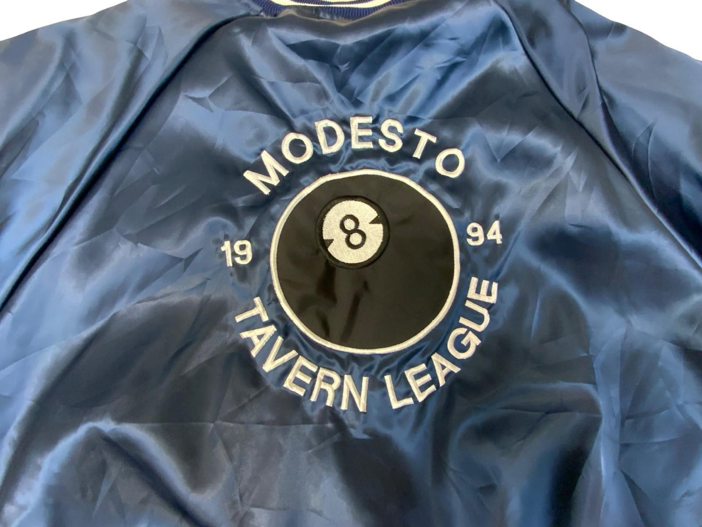 Vtg 1994 USA Modesto California Tavern League Pool Silky Nylon Bomber Jacket XXL