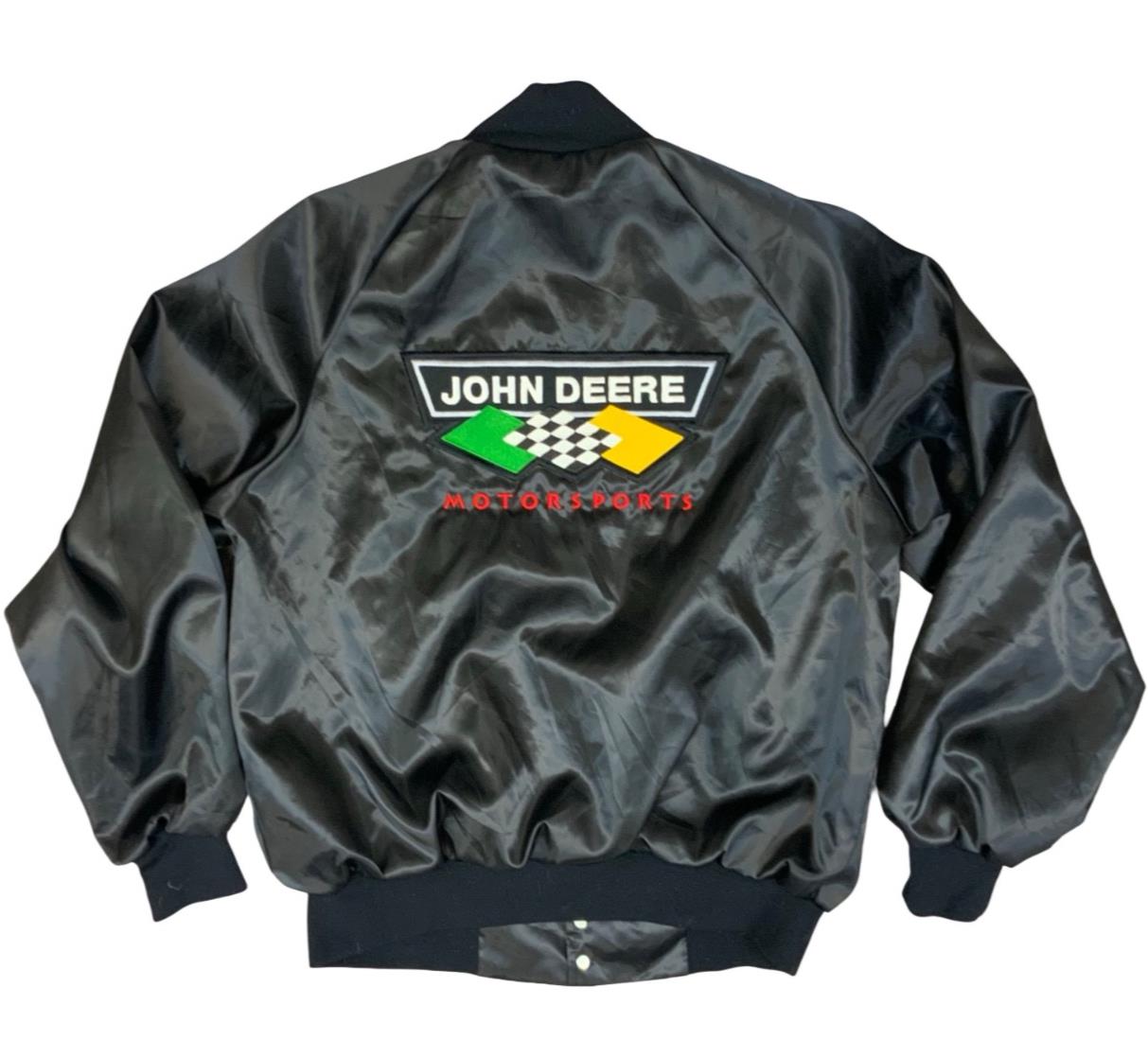 Vtg USA Blk Chad Little John Deere Motorsport Nascar Silky Nylon Bomber Jacket L