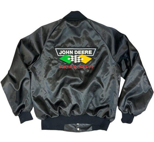 Vtg USA Blk Chad Little John Deere Motorsport Nascar Silky Nylon Bomber Jacket L