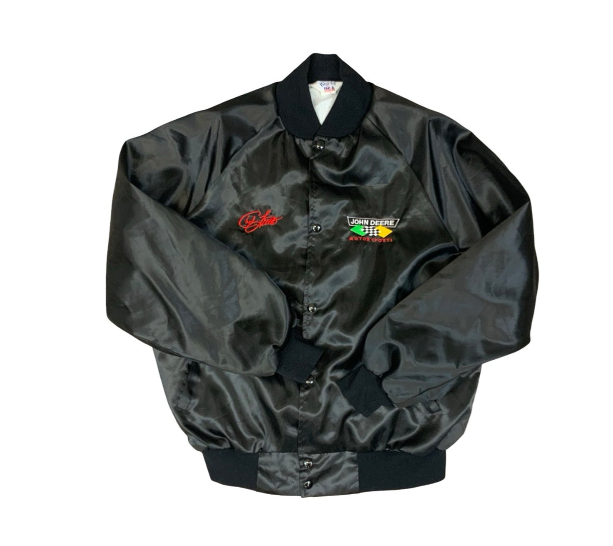 Vtg USA Blk Chad Little John Deere Motorsport Nascar Silky Nylon Bomber Jacket L