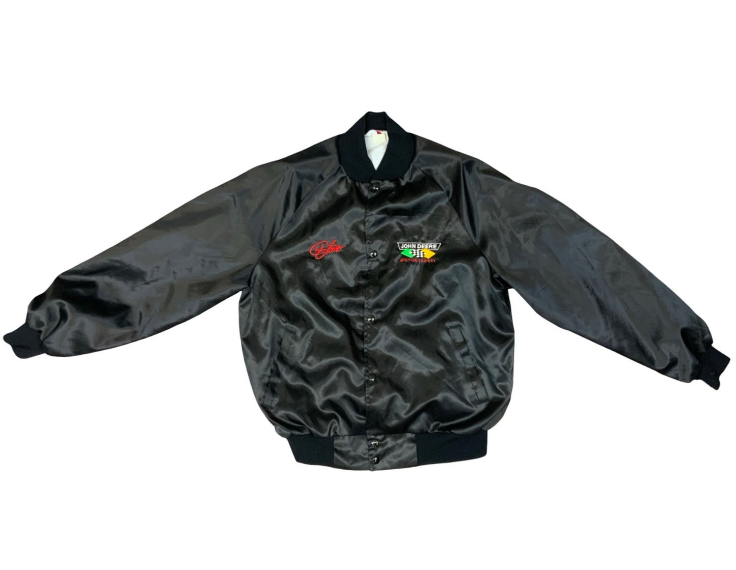 Vtg USA Blk Chad Little John Deere Motorsport Nascar Silky Nylon Bomber Jacket L