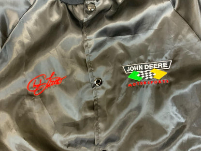 Vtg USA Blk Chad Little John Deere Motorsport Nascar Silky Nylon Bomber Jacket L