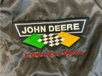 Vtg USA Blk Chad Little John Deere Motorsport Nascar Silky Nylon Bomber Jacket L