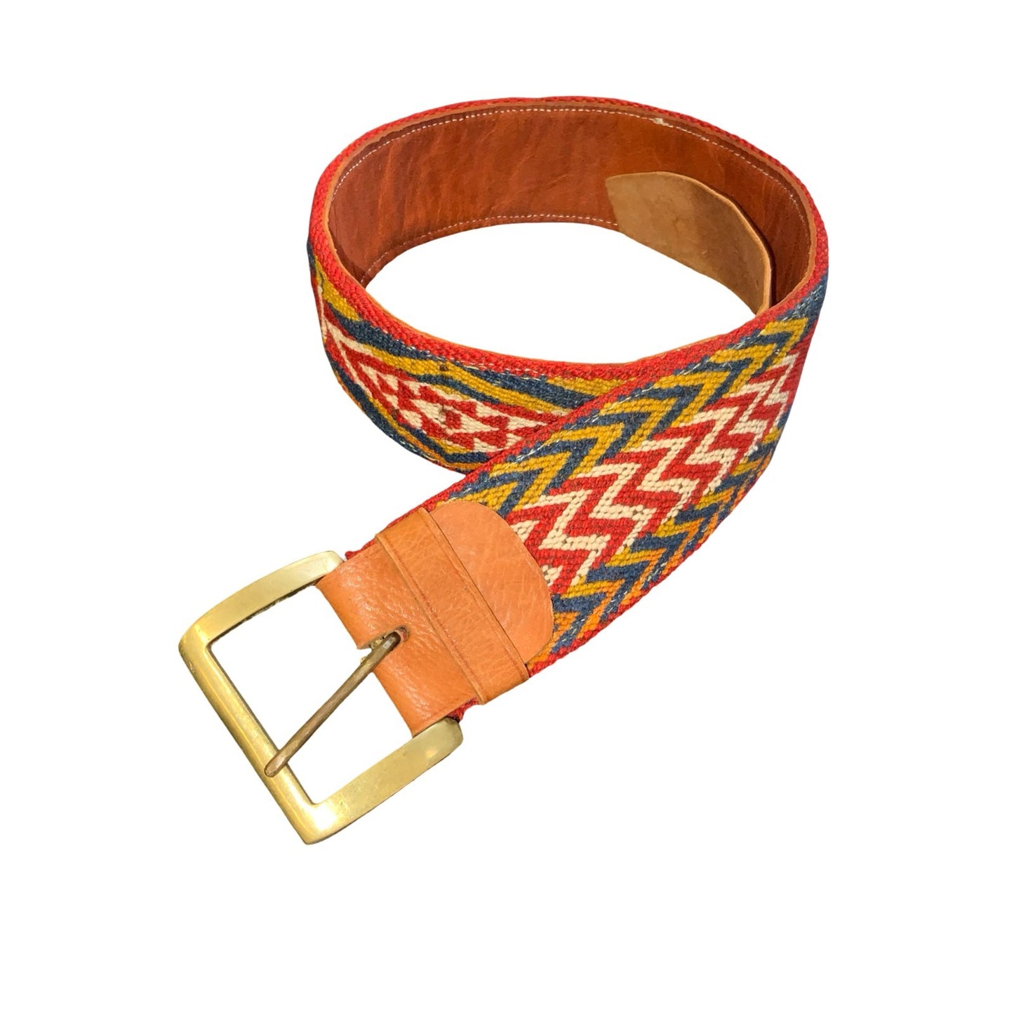 90s Brown Leather Multi-Colour Woven Aztek Southwestern Geometric Chunky Belt M